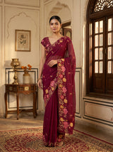 MIMOSA Wine Banarasi chiffon Saree — close up of blouse and pallu embroidery