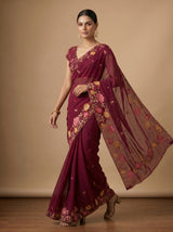 MIMOSA Wine Banarasi chiffon Saree — pose 6 styling detail