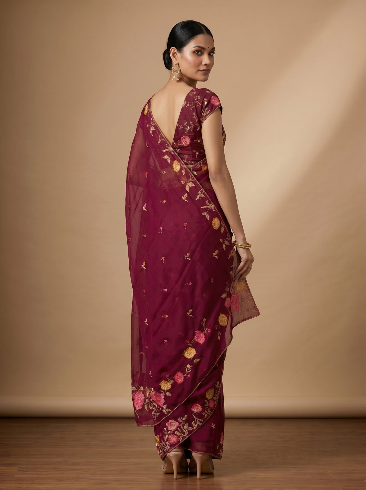 MIMOSA Wine Banarasi chiffon Saree — pose 8 styling detail