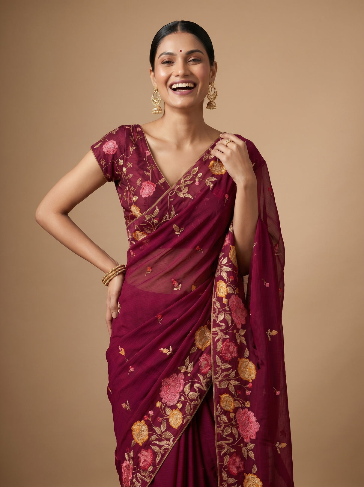 MIMOSA Wine Banarasi chiffon Saree — pose 9 styling detail