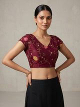 MIMOSA Wine Banarasi chiffon Saree — blouse close-up