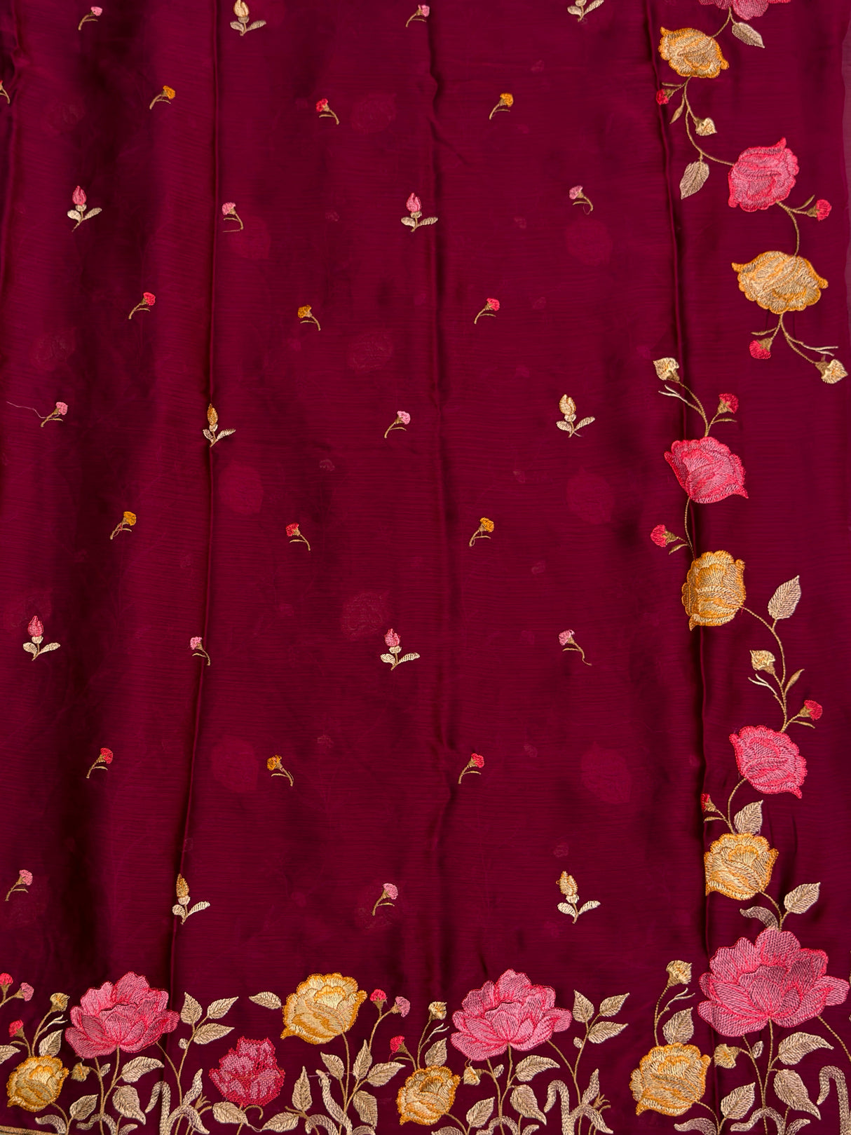 MIMOSA Wine Banarasi chiffon Saree — pallu and zari work detail