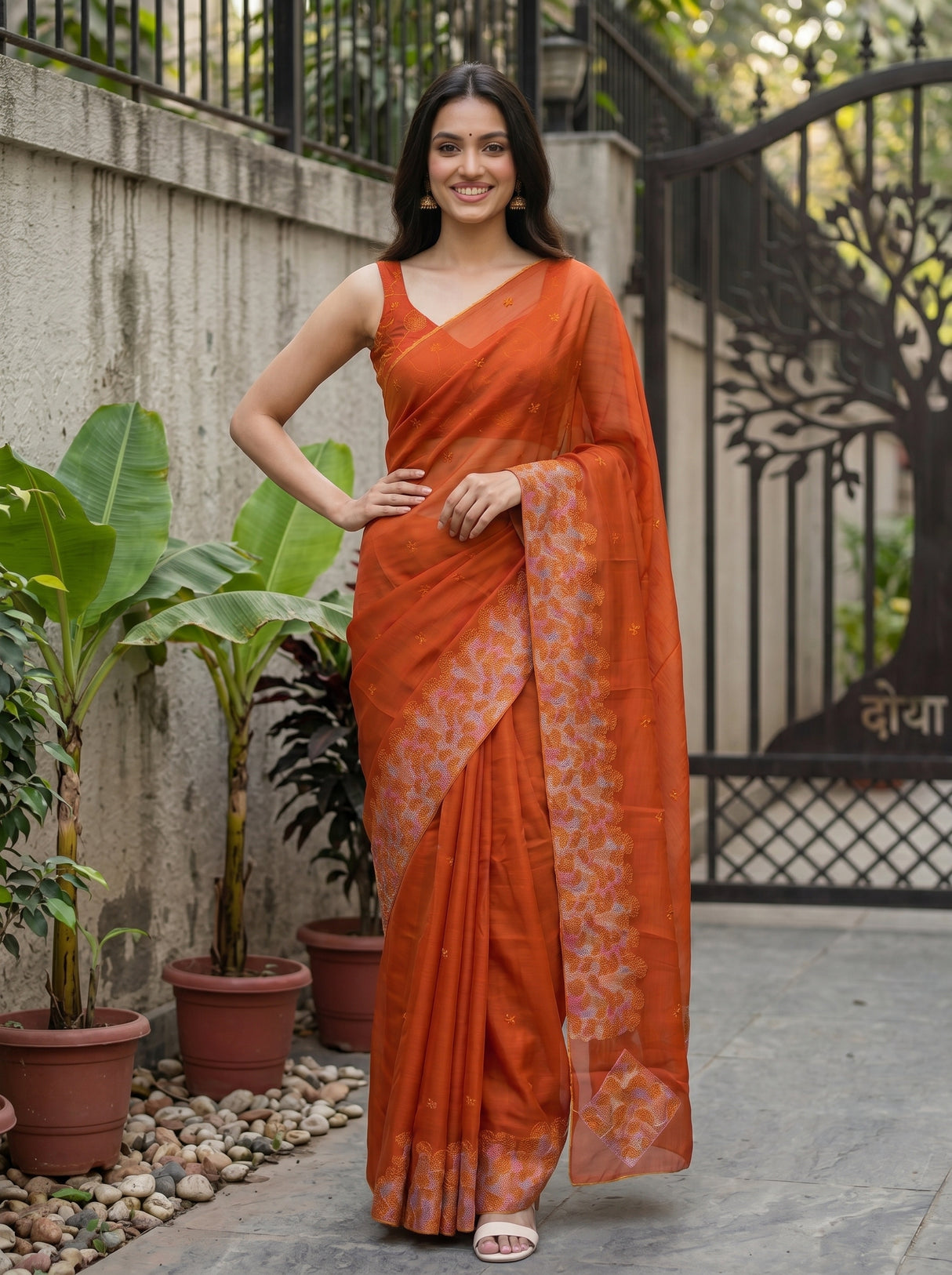 MIMOSA Orange Saree Saree — pose 4 styling detail