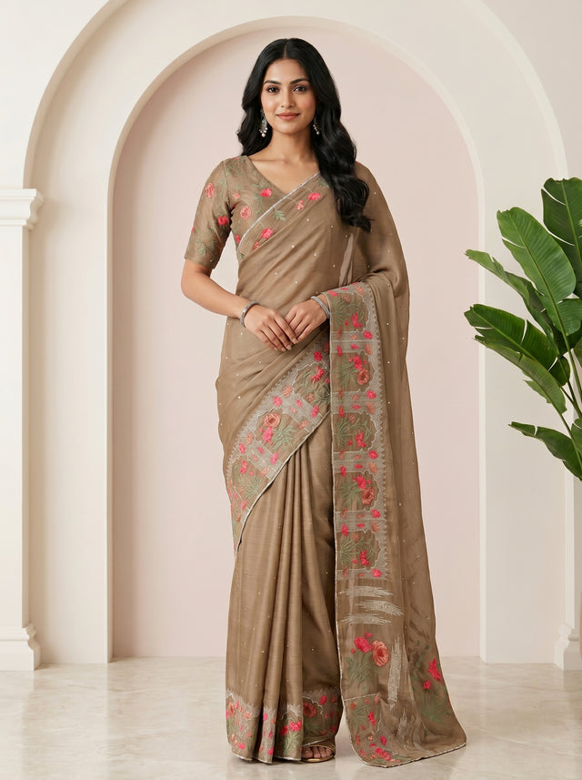 MIMOSA Chiku Banarasi chiffon Saree — draped
