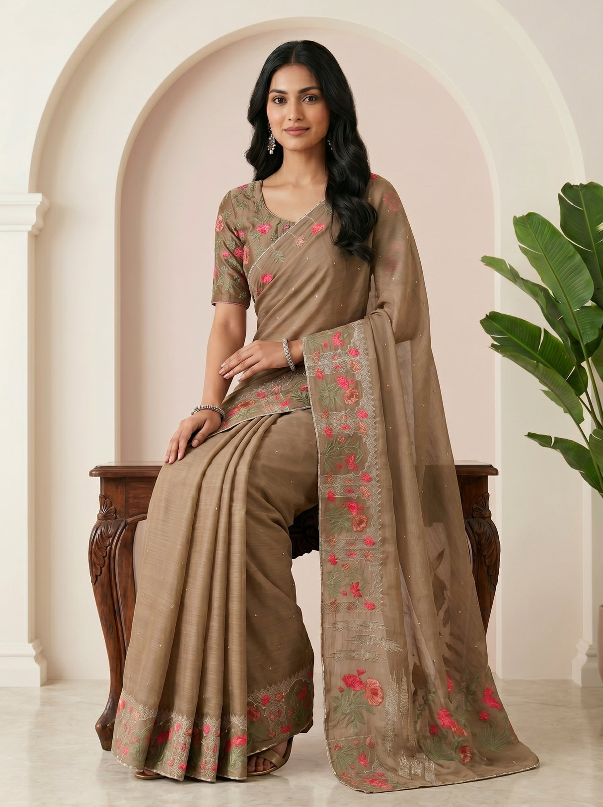 MIMOSA Chiku Banarasi chiffon Saree — pose 8 styling detail