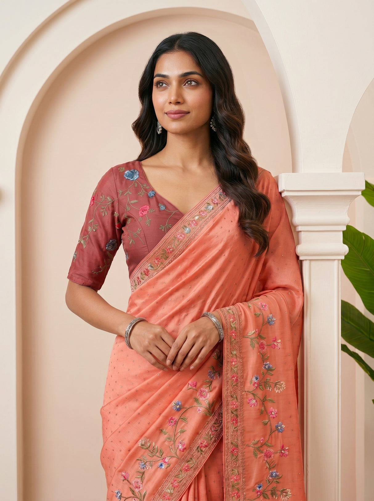MIMOSA Gajari Banarasi chiffon Saree — pose 10 styling detail