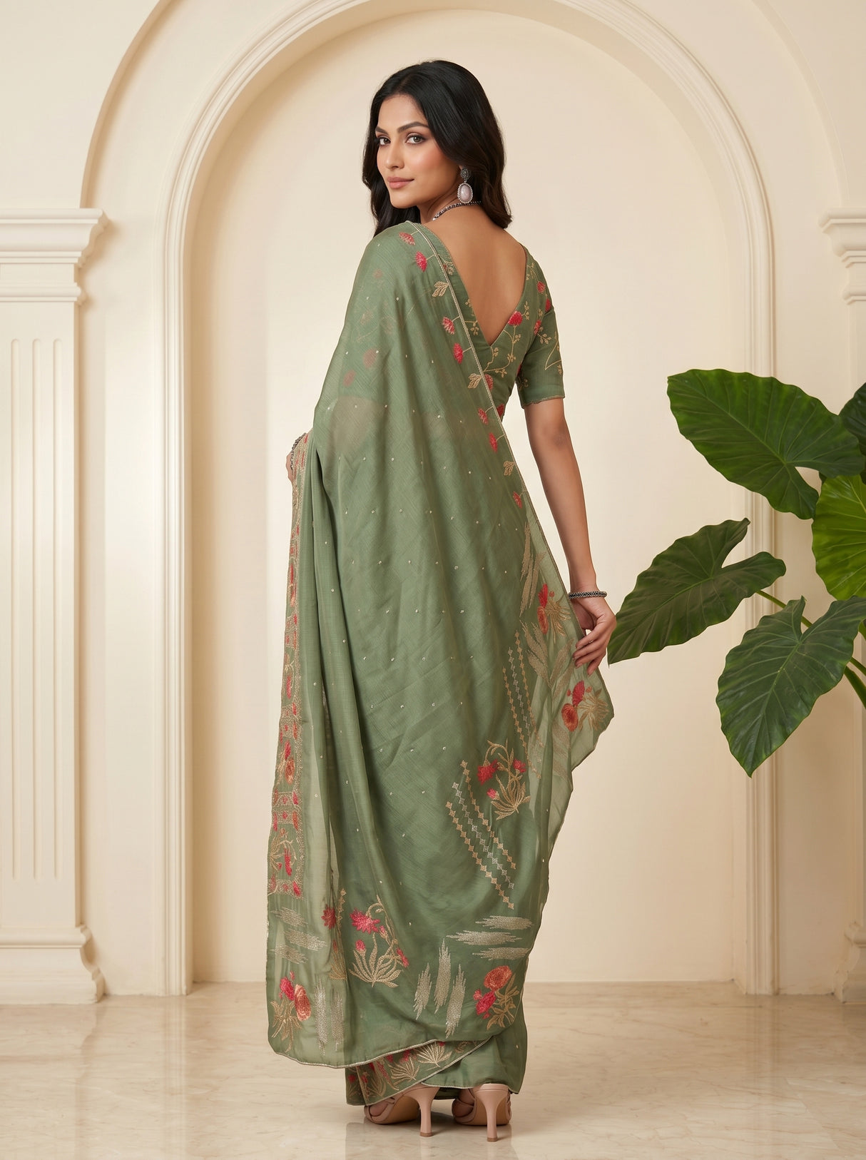 MIMOSA Pista Banarasi chiffon Saree — pose 7 styling detail