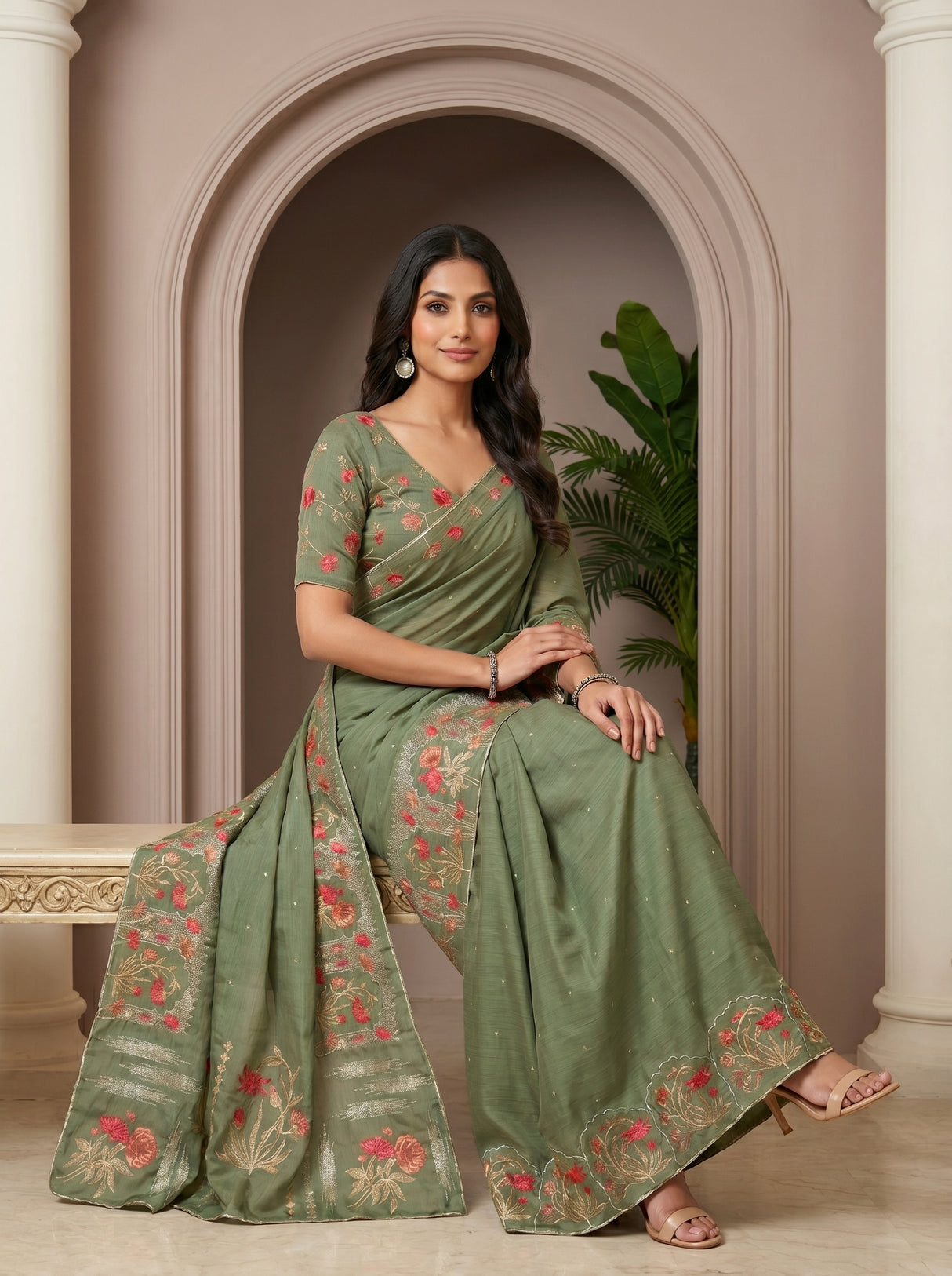 MIMOSA Pista Banarasi chiffon Saree — pose 8 styling detail