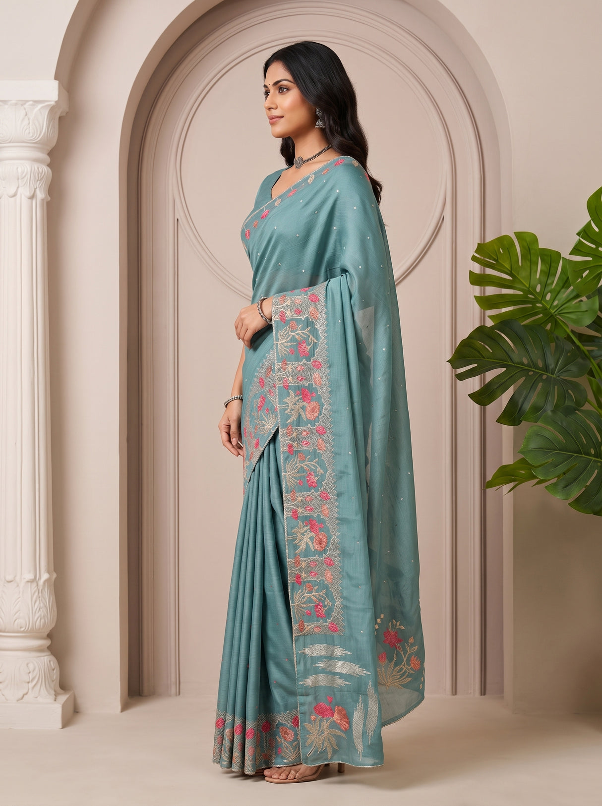 MIMOSA Sapphire Banarasi chiffon Saree — model lifestyle pose