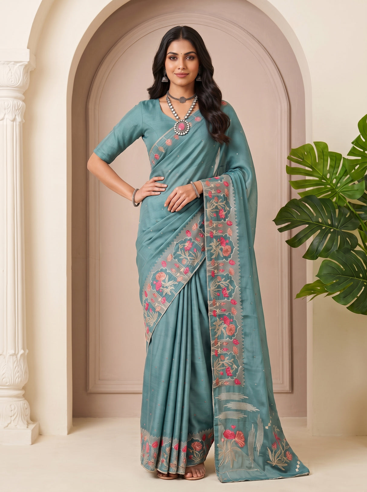 MIMOSA Sapphire Banarasi chiffon Saree — pose 4 styling detail
