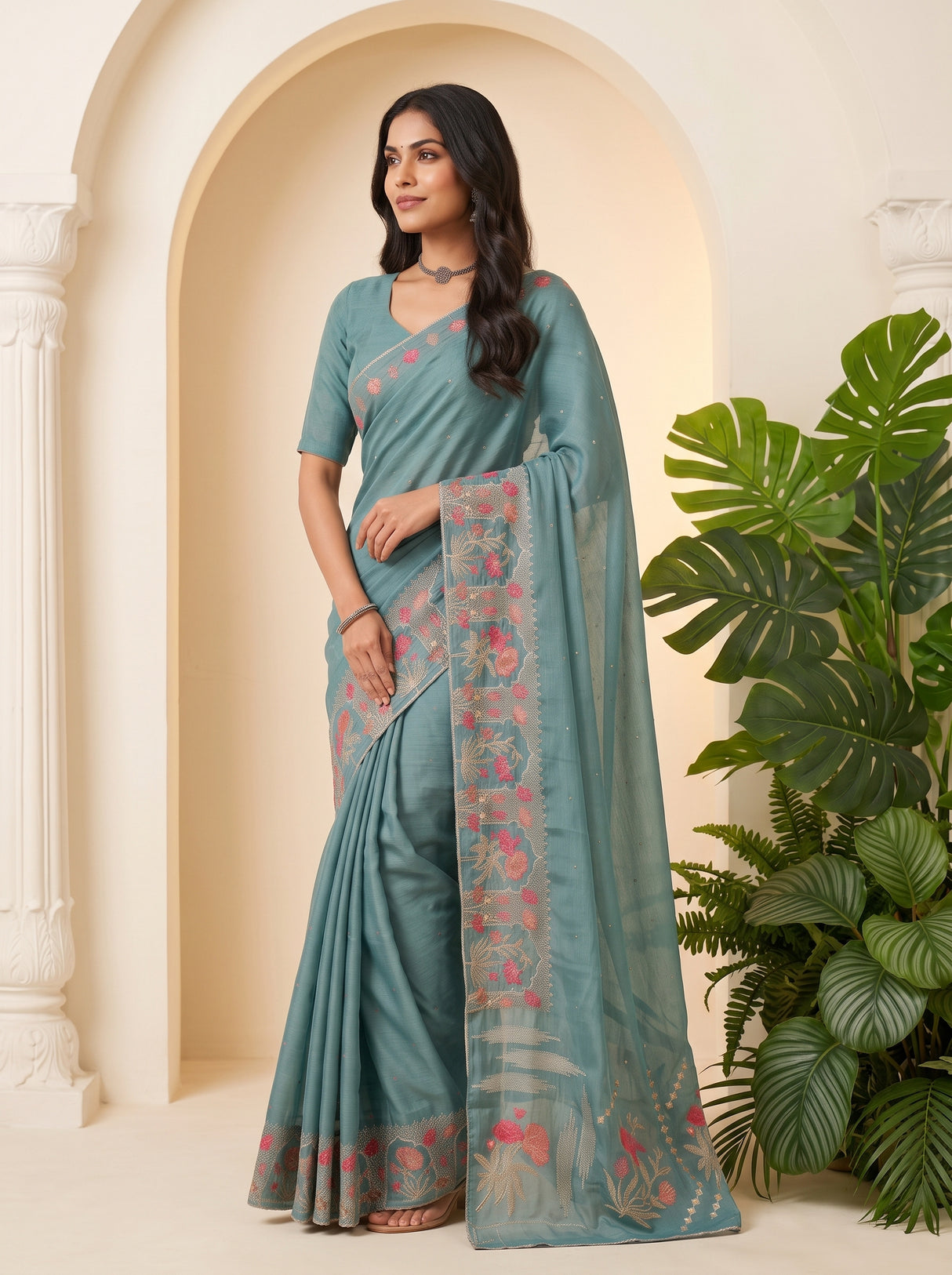 MIMOSA Sapphire Banarasi chiffon Saree — pose 5 styling detail