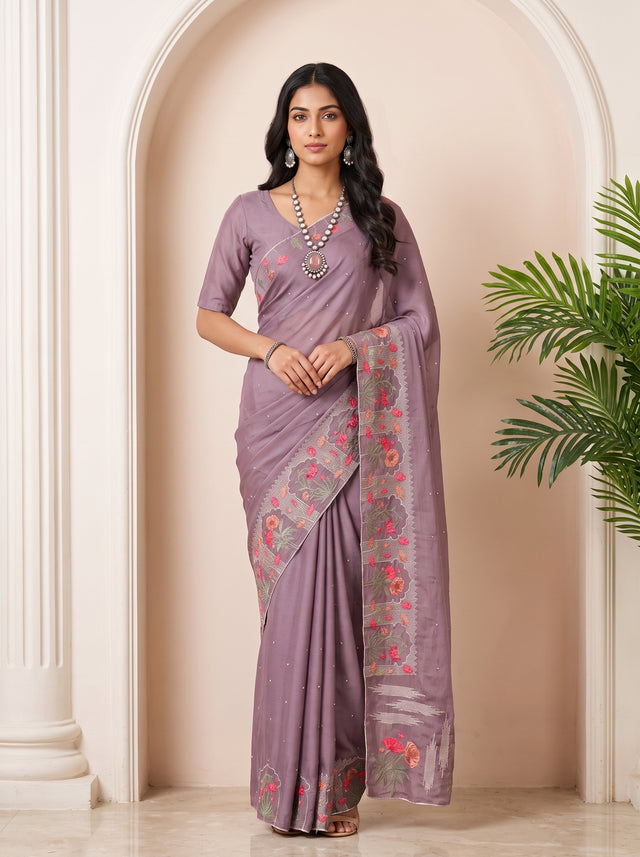 MIMOSA Violet Banarasi chiffon Saree — draped