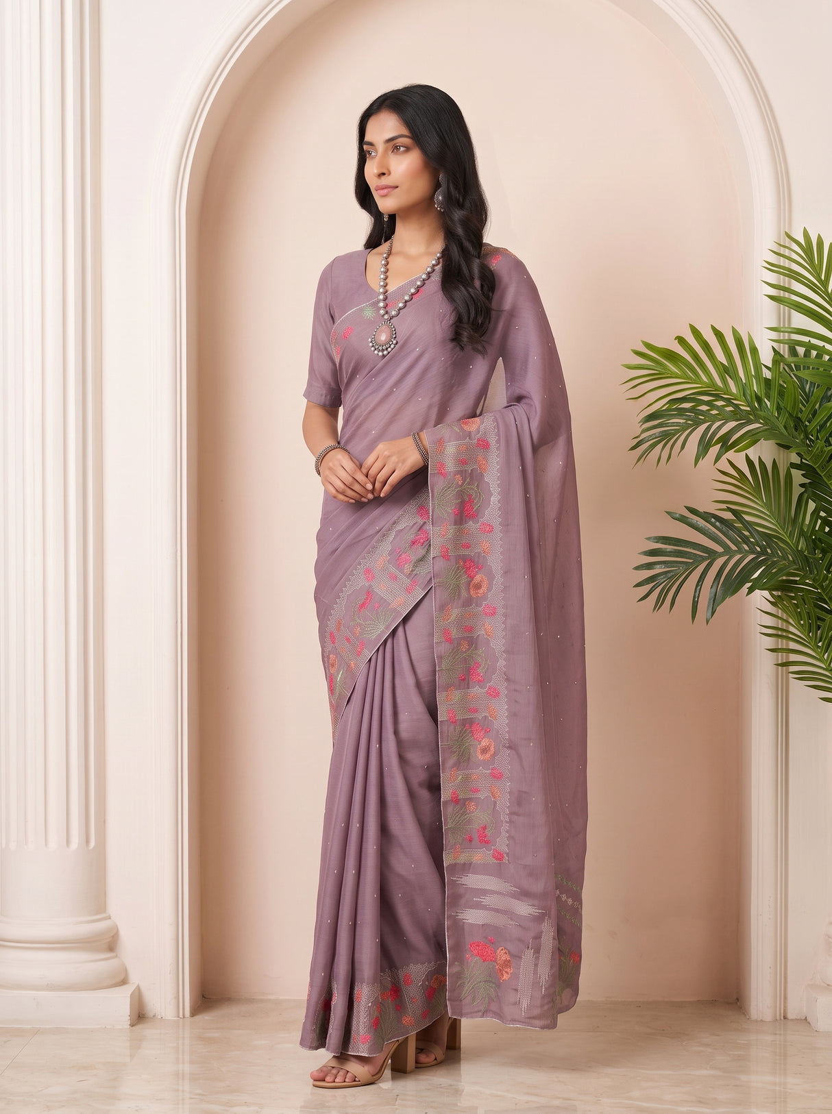 MIMOSA Violet Banarasi chiffon Saree — pose 5 styling detail