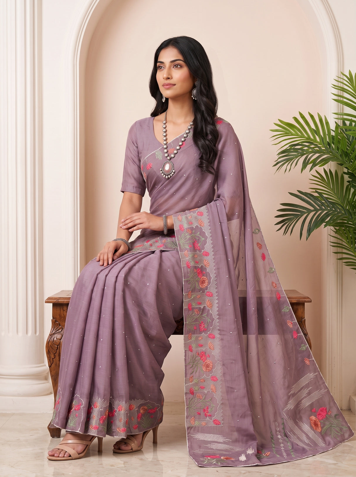 MIMOSA Violet Banarasi chiffon Saree — pose 8 styling detail