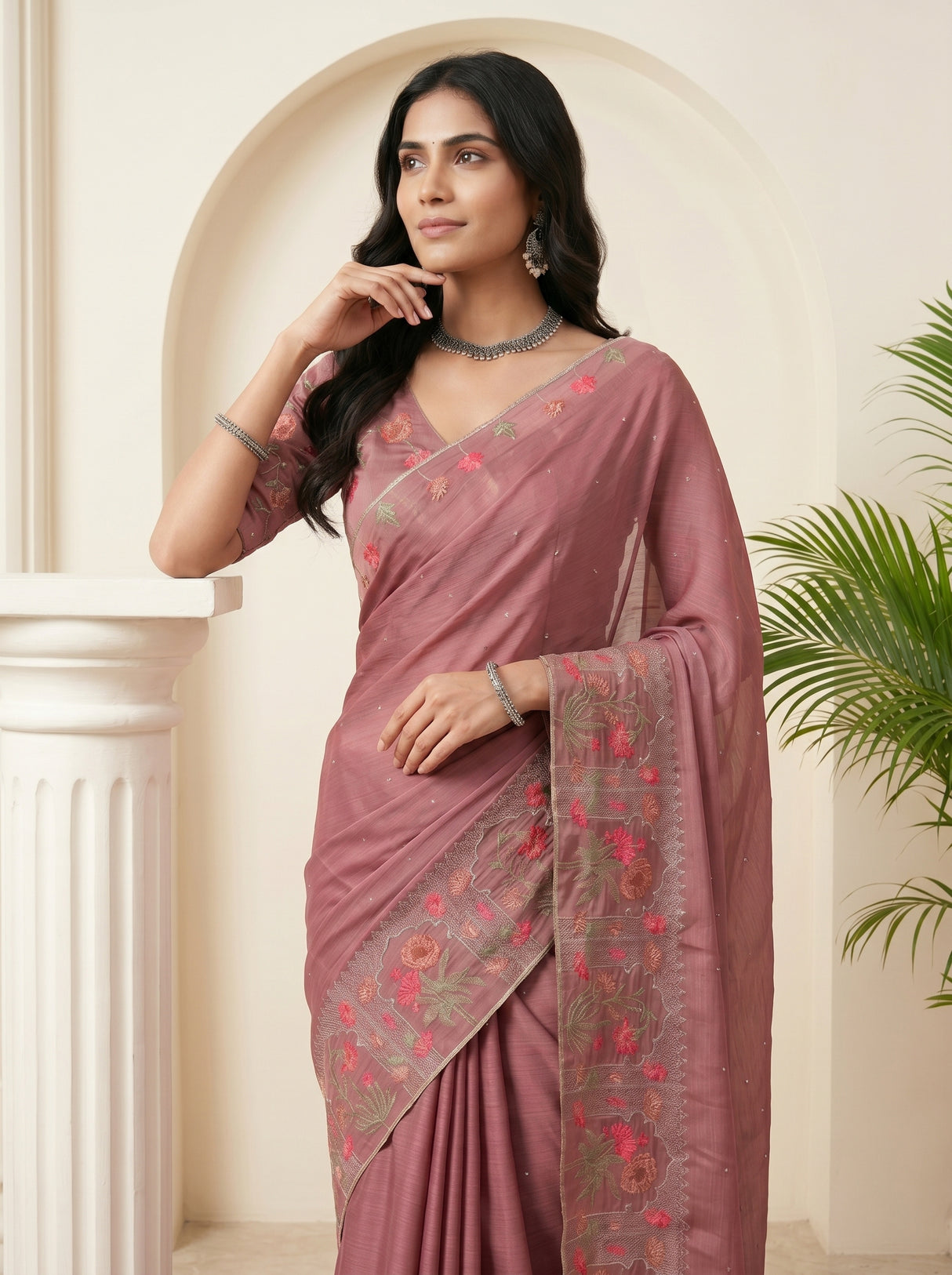 MIMOSA Wine Banarasi chiffon Saree — pose 10 styling detail