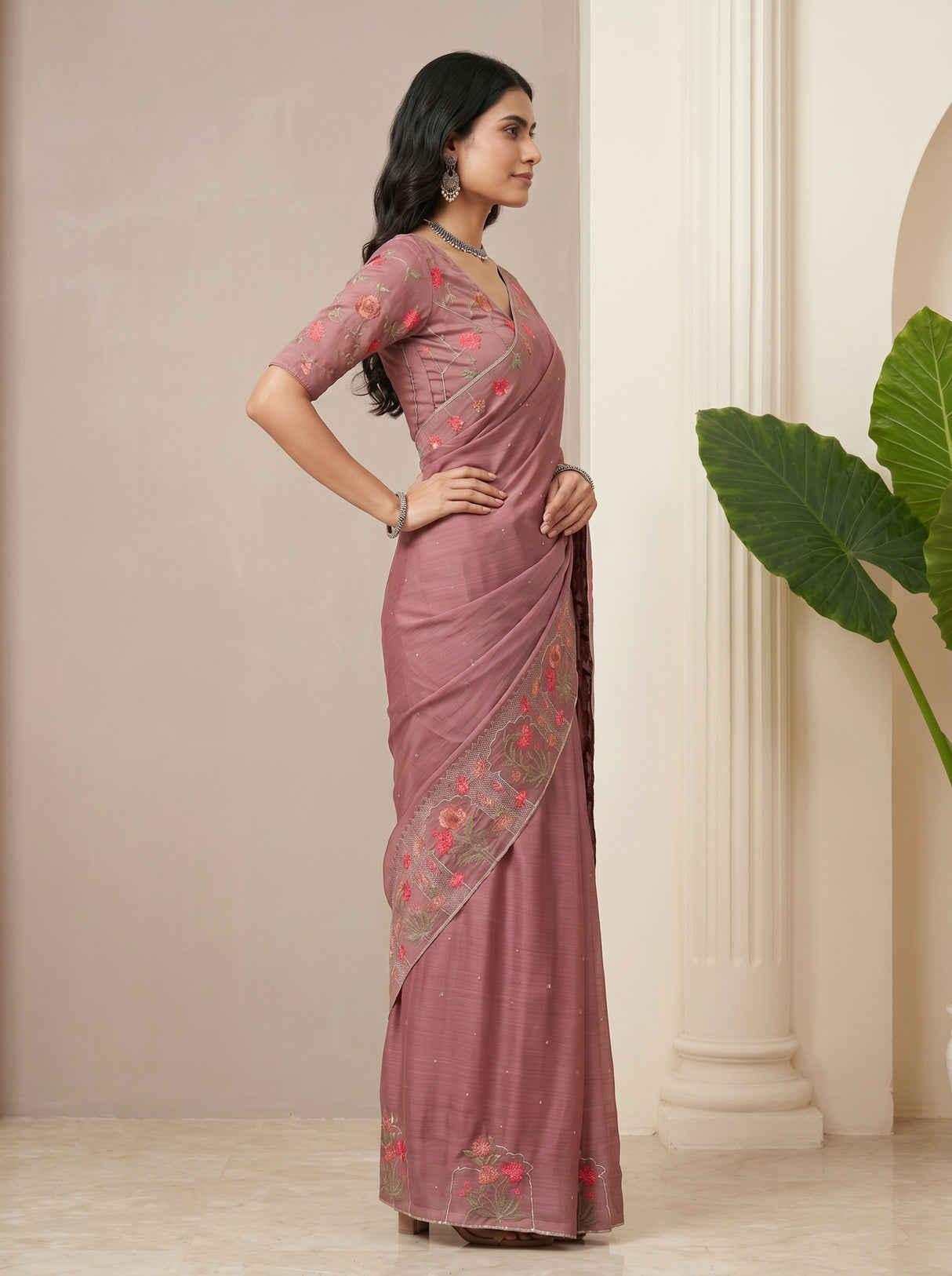 MIMOSA Wine Banarasi chiffon Saree — model lifestyle pose