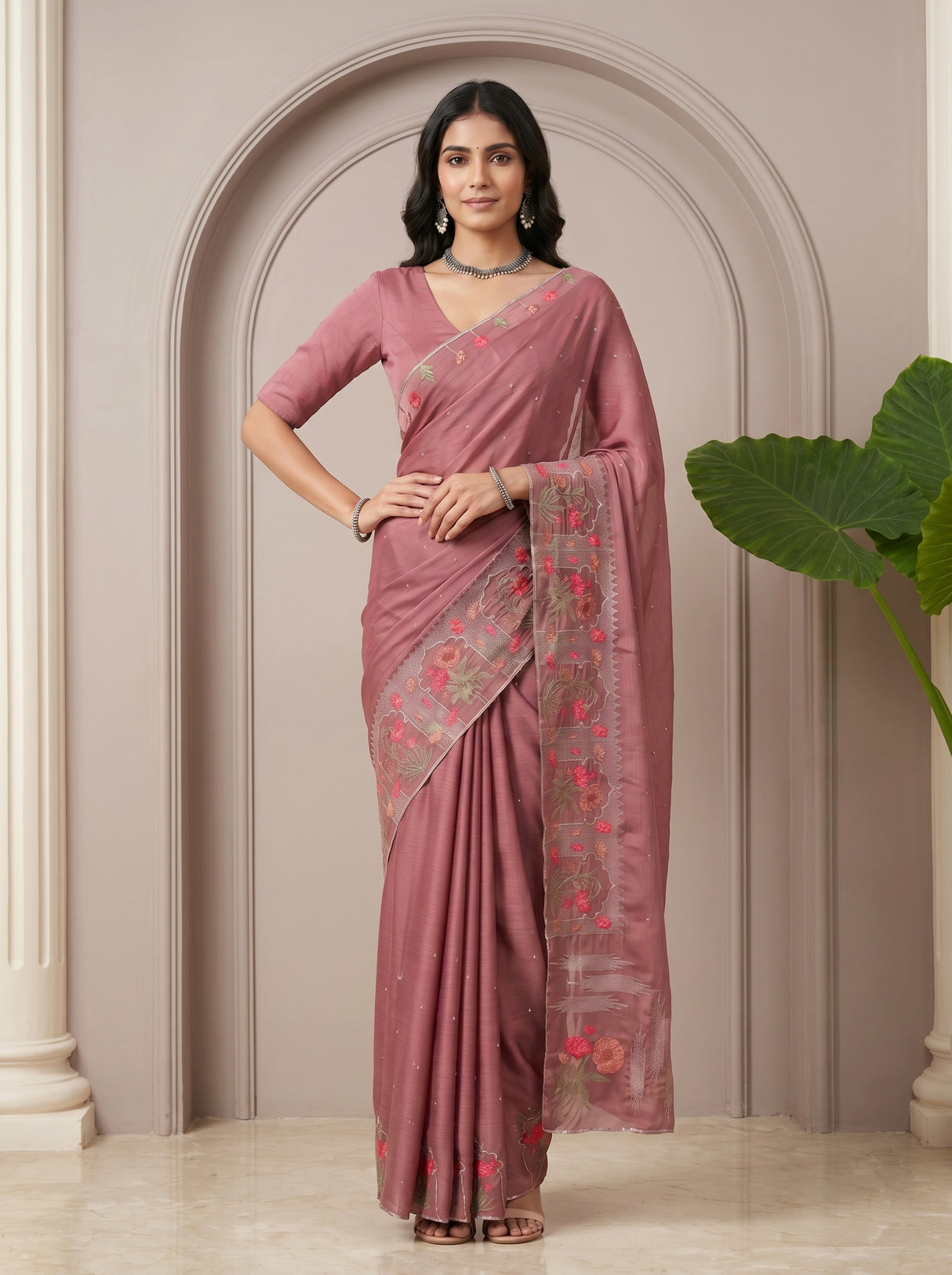MIMOSA Wine Banarasi chiffon Saree — pose 4 styling detail
