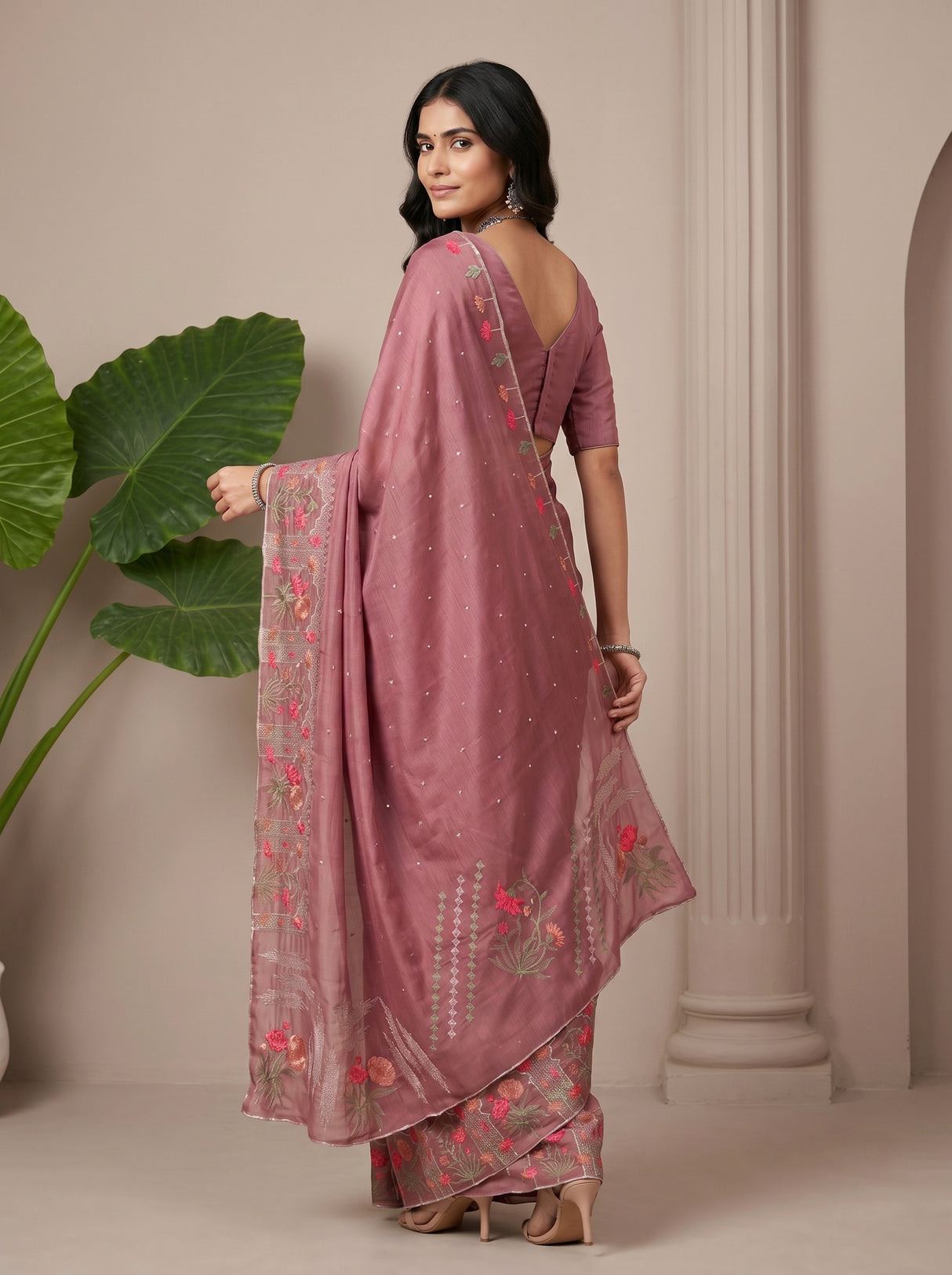 MIMOSA Wine Banarasi chiffon Saree — pose 7 styling detail