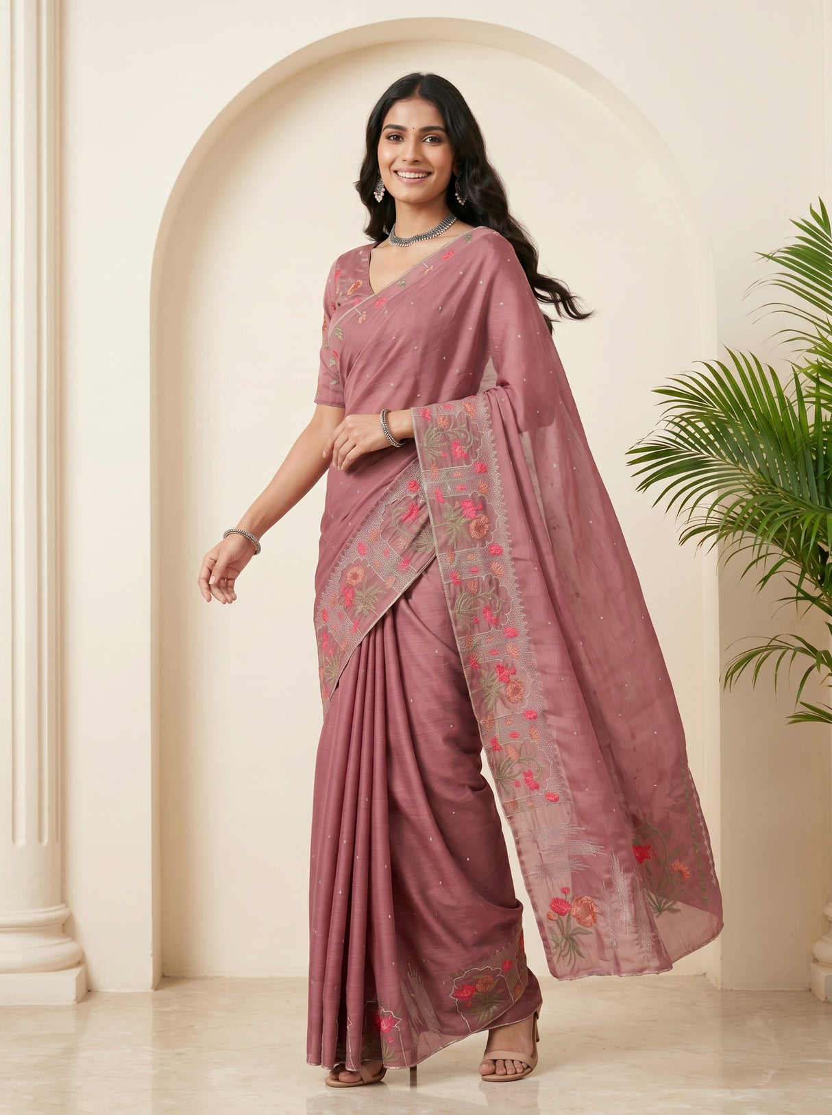 MIMOSA Wine Banarasi chiffon Saree — pose 9 styling detail