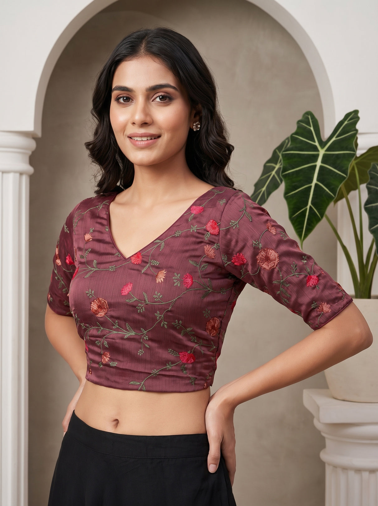 MIMOSA Wine Banarasi chiffon Saree — blouse close-up