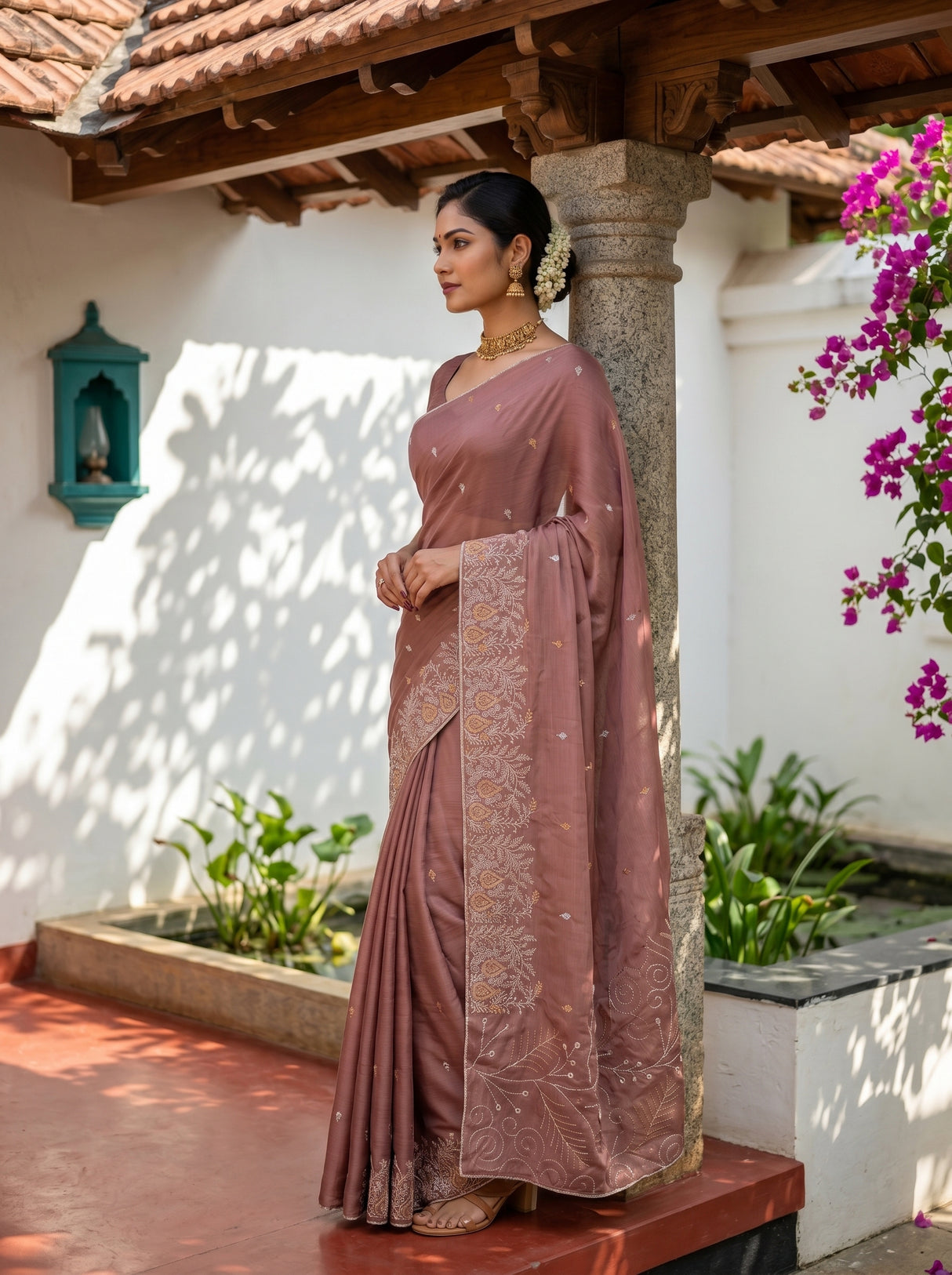 MIMOSA Peach Banarasi chiffon Saree — pose 3 styling detail