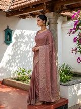 MIMOSA Peach Banarasi chiffon Saree — pose 3 styling detail