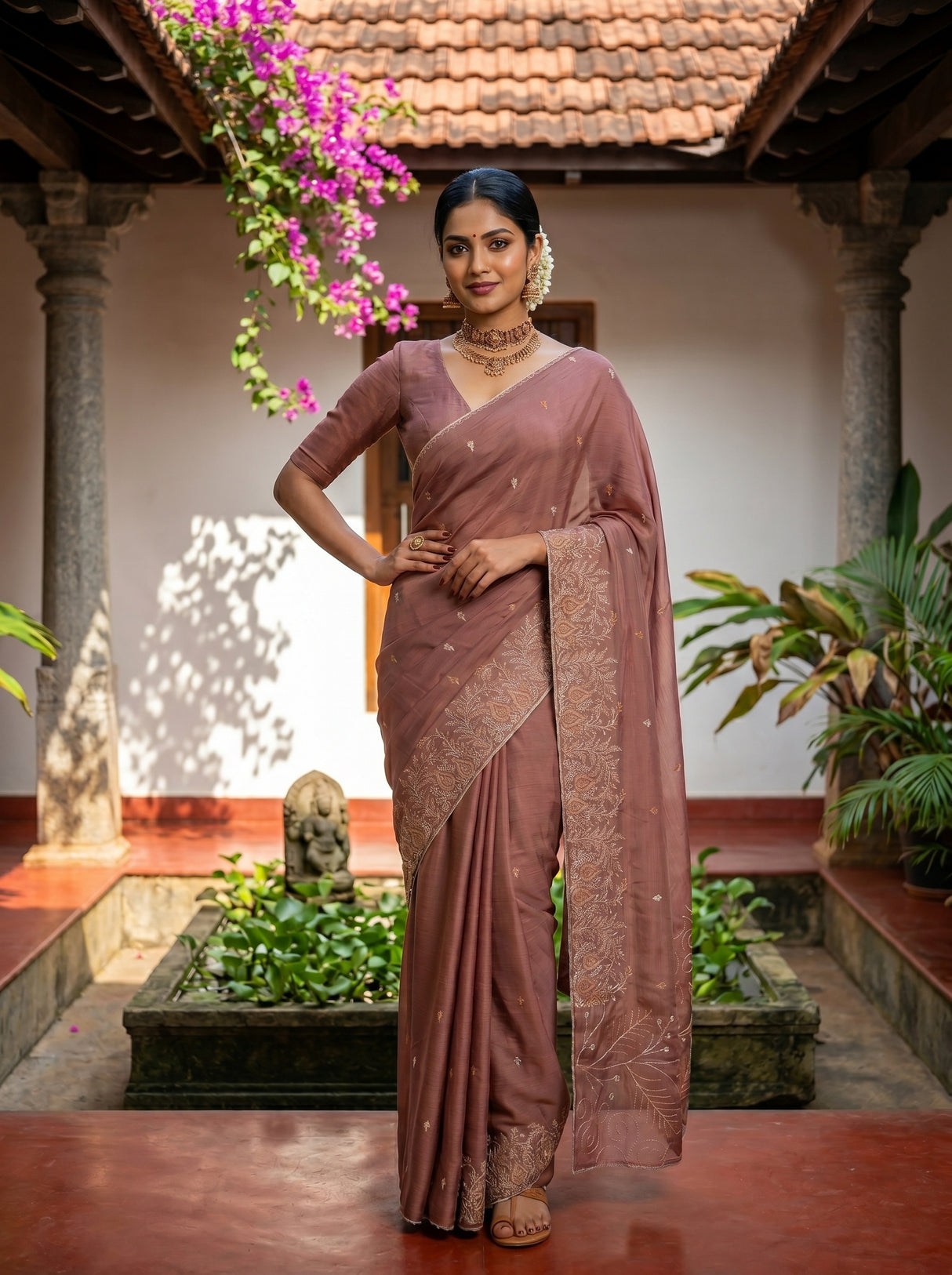 MIMOSA Peach Banarasi chiffon Saree — pose 4 styling detail