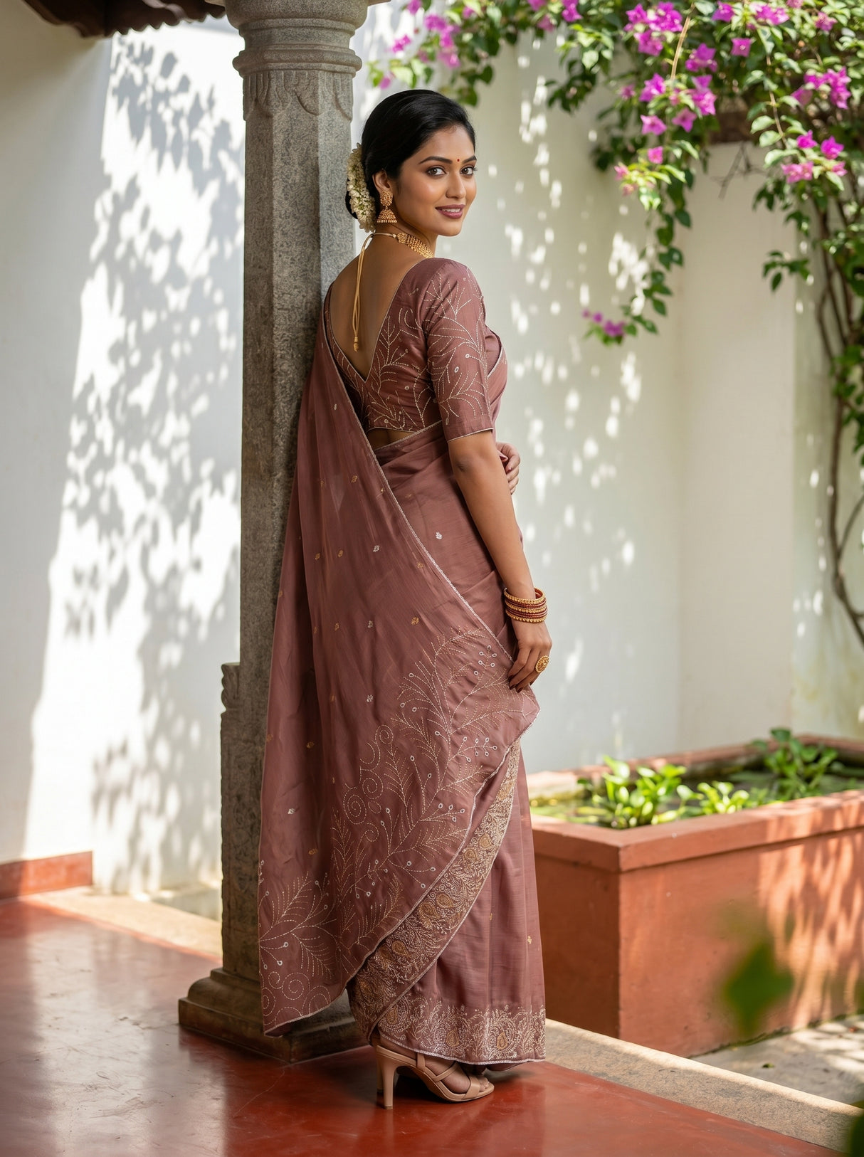 MIMOSA Peach Banarasi chiffon Saree — pose 7 styling detail