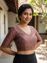 MIMOSA Peach Banarasi chiffon Saree — blouse close-up