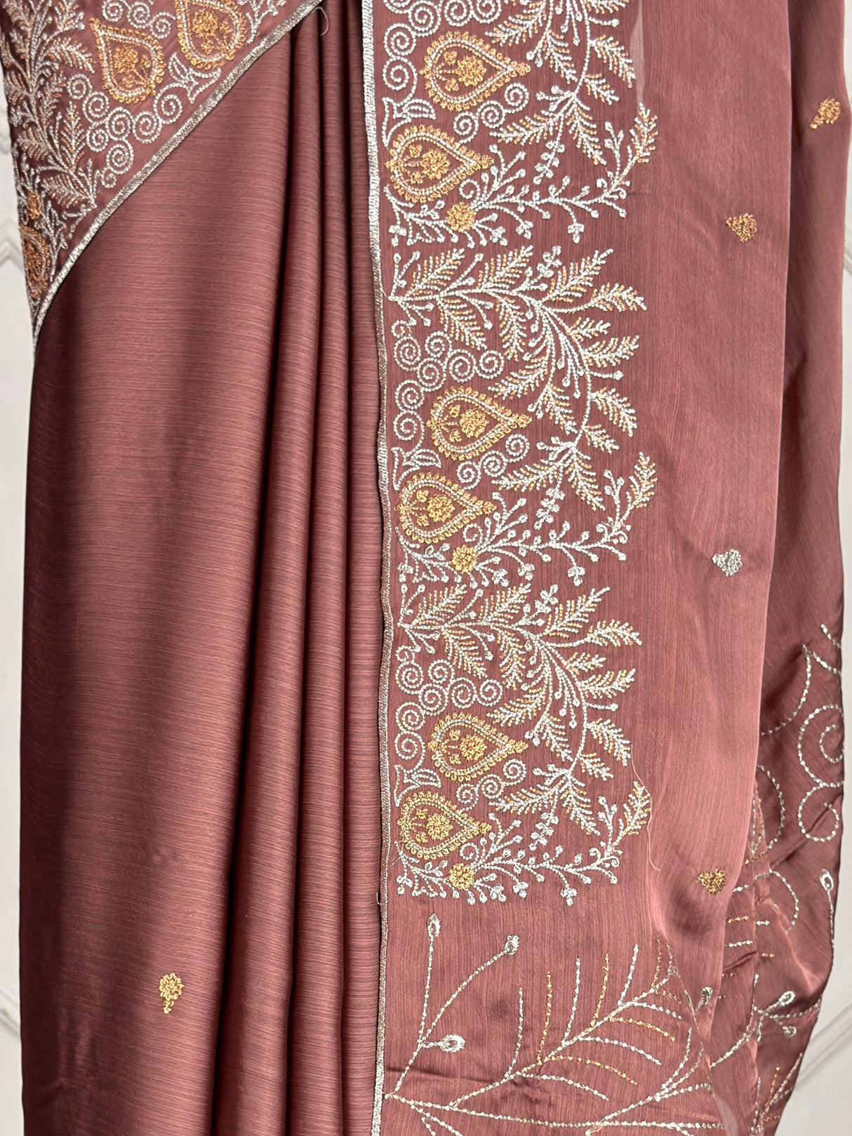MIMOSA Peach Banarasi chiffon Saree — fleets shot full lifestyle