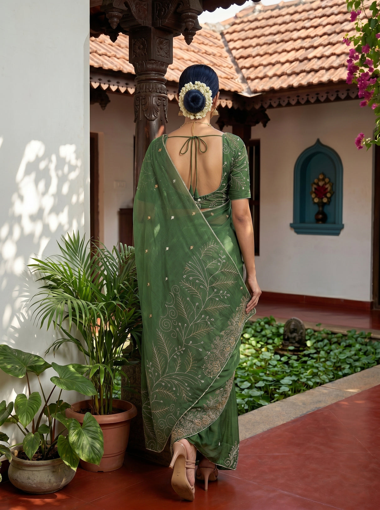 MIMOSA Pista Banarasi chiffon Saree — pose 2 styling detail