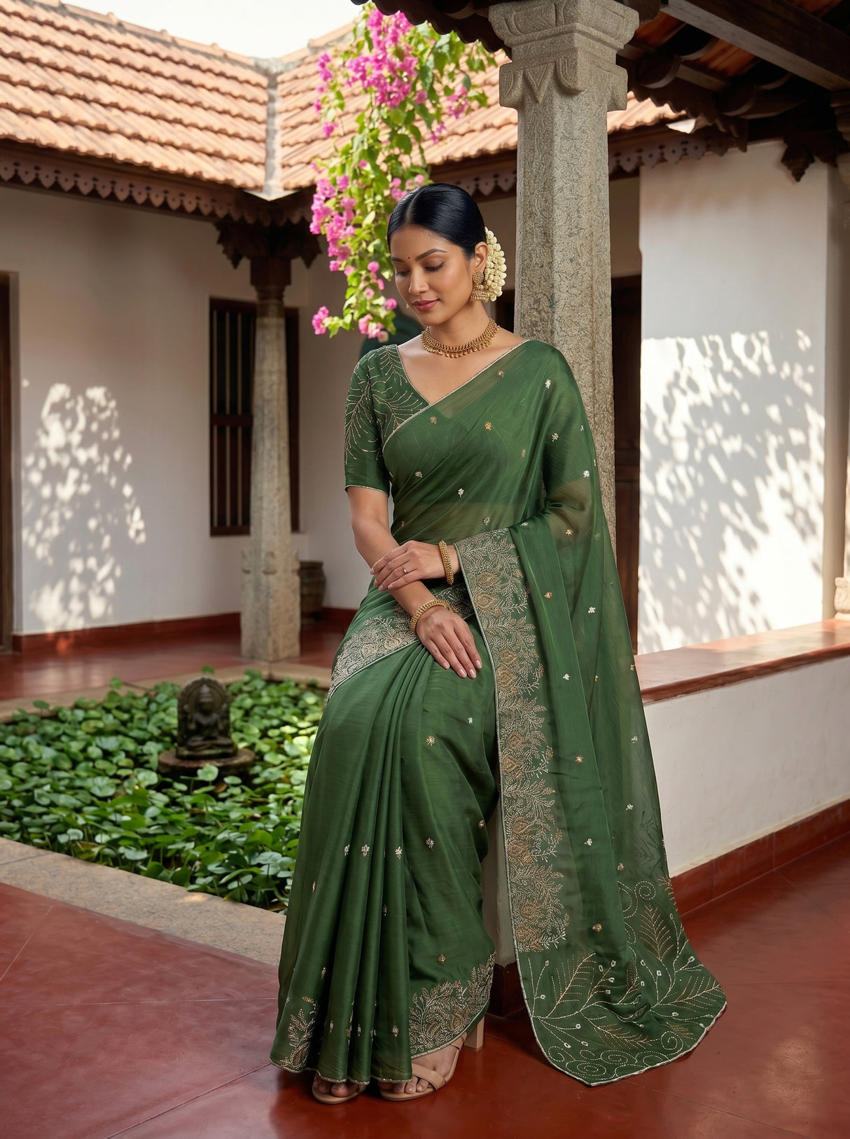 MIMOSA Pista Banarasi chiffon Saree — pose 8 styling detail