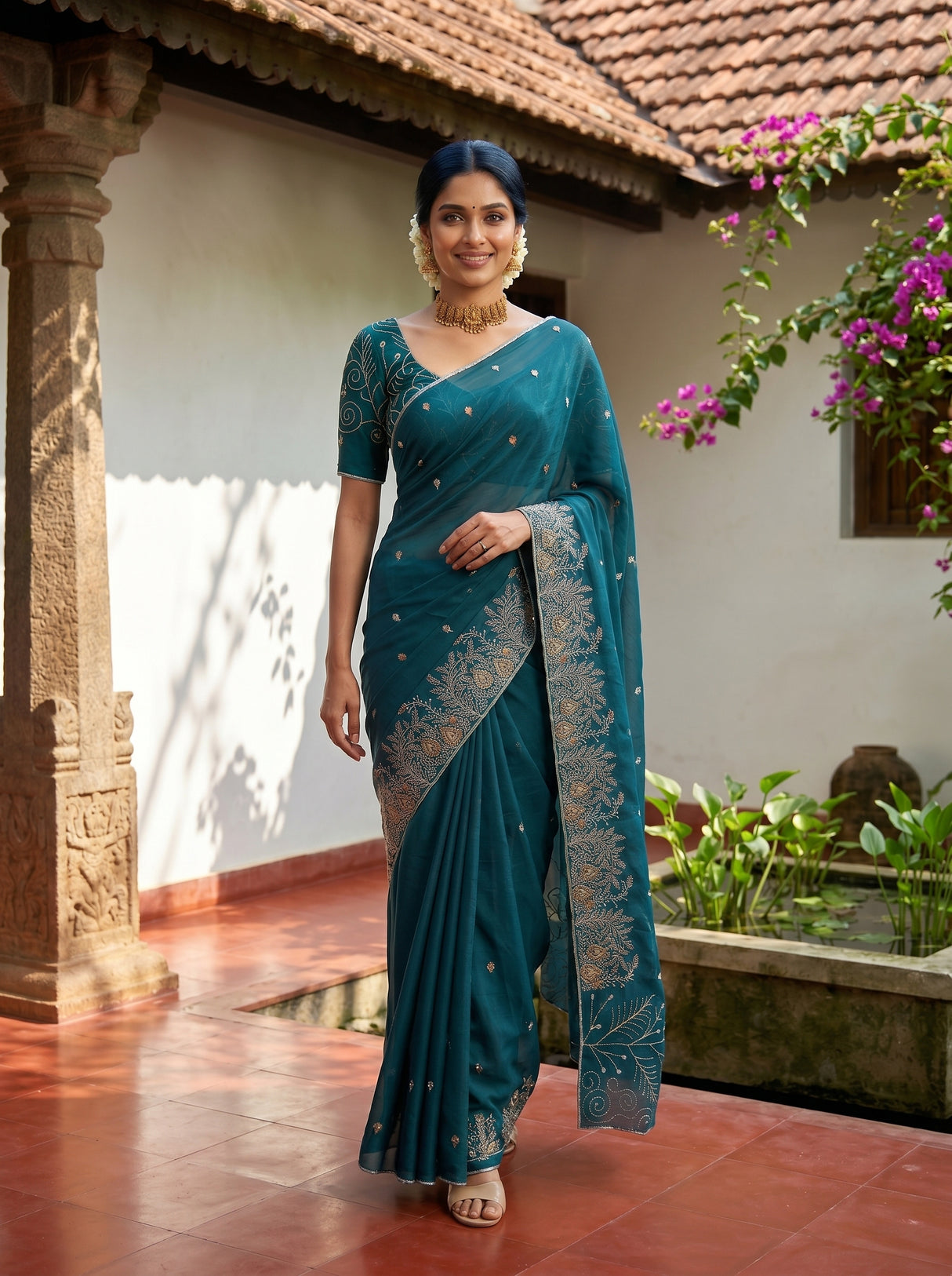 MIMOSA Sapphire Banarasi chiffon Saree — pose 6 styling detail