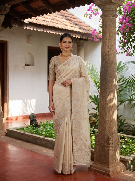 MIMOSA Tussar Banarasi chiffon Saree — AI Model lifestyle pose 1