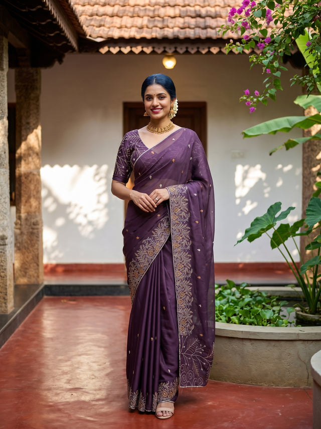 MIMOSA Violet Banarasi chiffon Saree — AI Model lifestyle pose 1