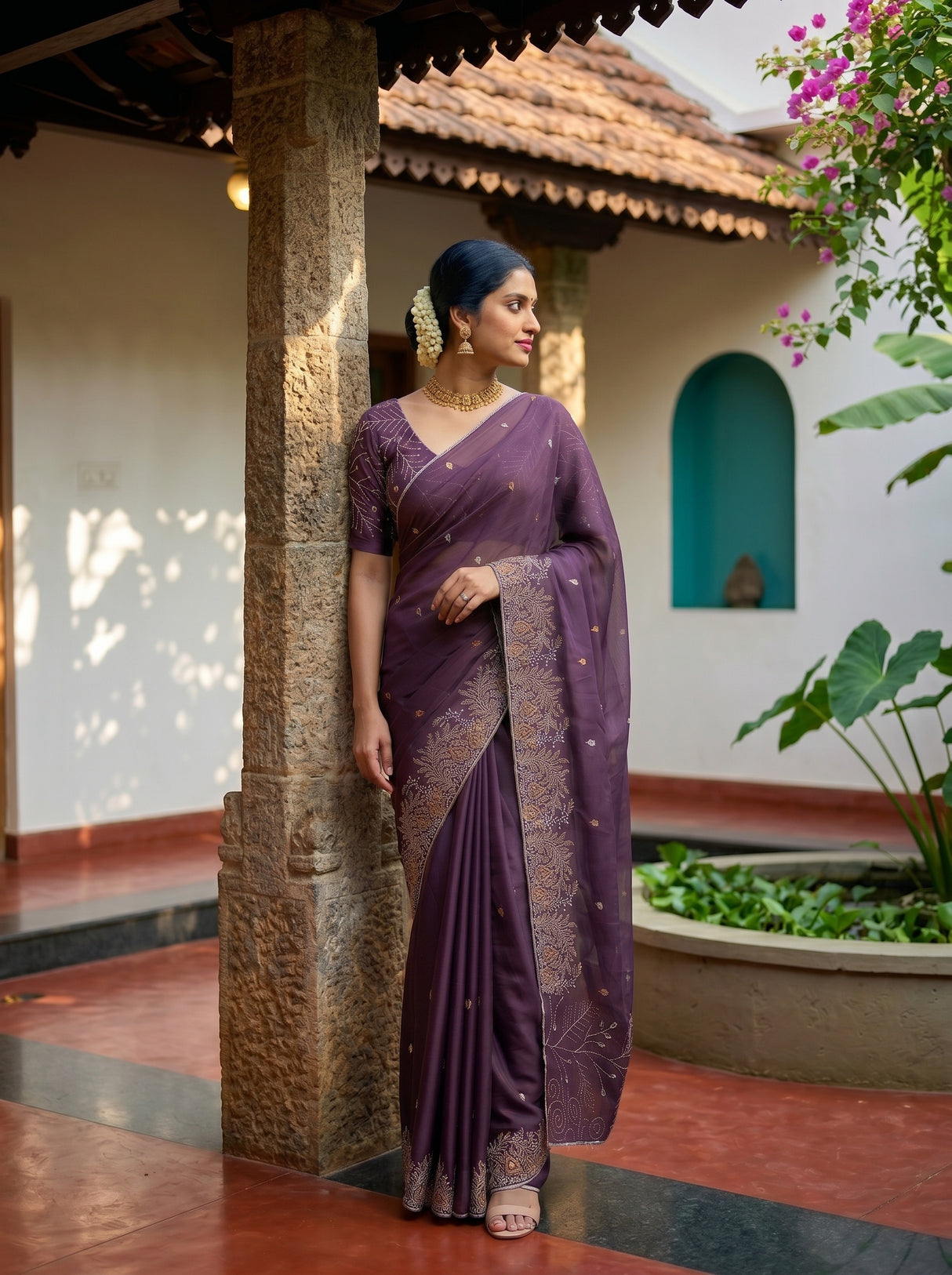 MIMOSA Violet Banarasi chiffon Saree — pose 5 styling detail