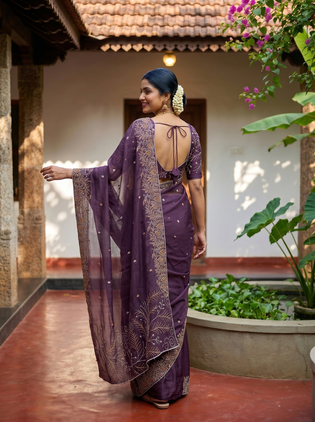 MIMOSA Violet Banarasi chiffon Saree — pose 7 styling detail