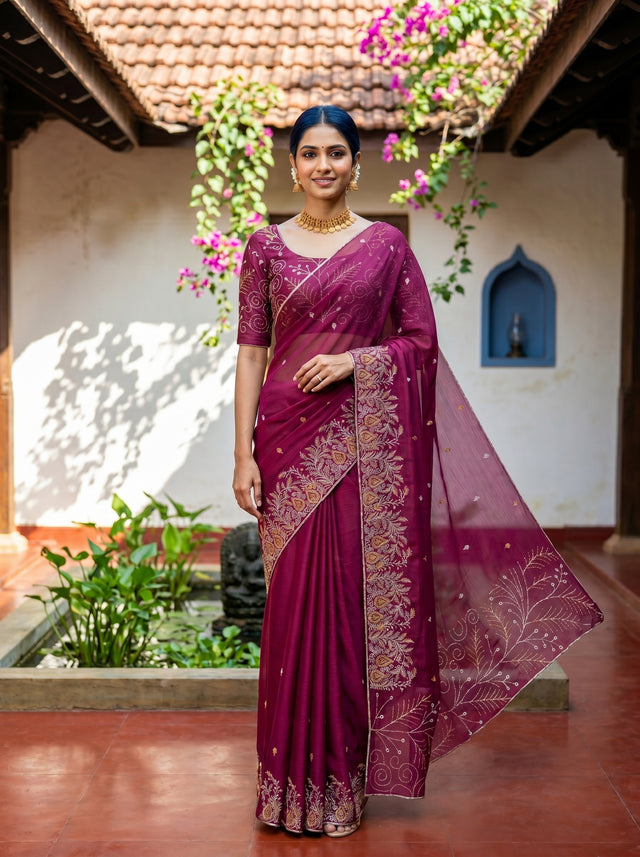 MIMOSA Wine Banarasi chiffon Saree — AI Model lifestyle pose 1
