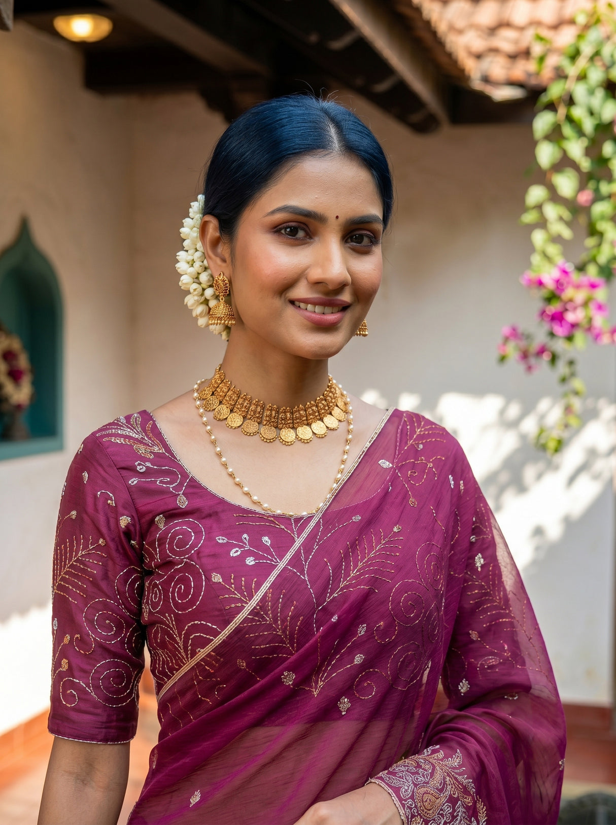 MIMOSA Wine Banarasi chiffon Saree — pose 10 styling detail