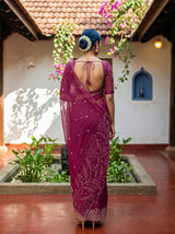 MIMOSA Wine Banarasi chiffon Saree — pose 2 styling detail