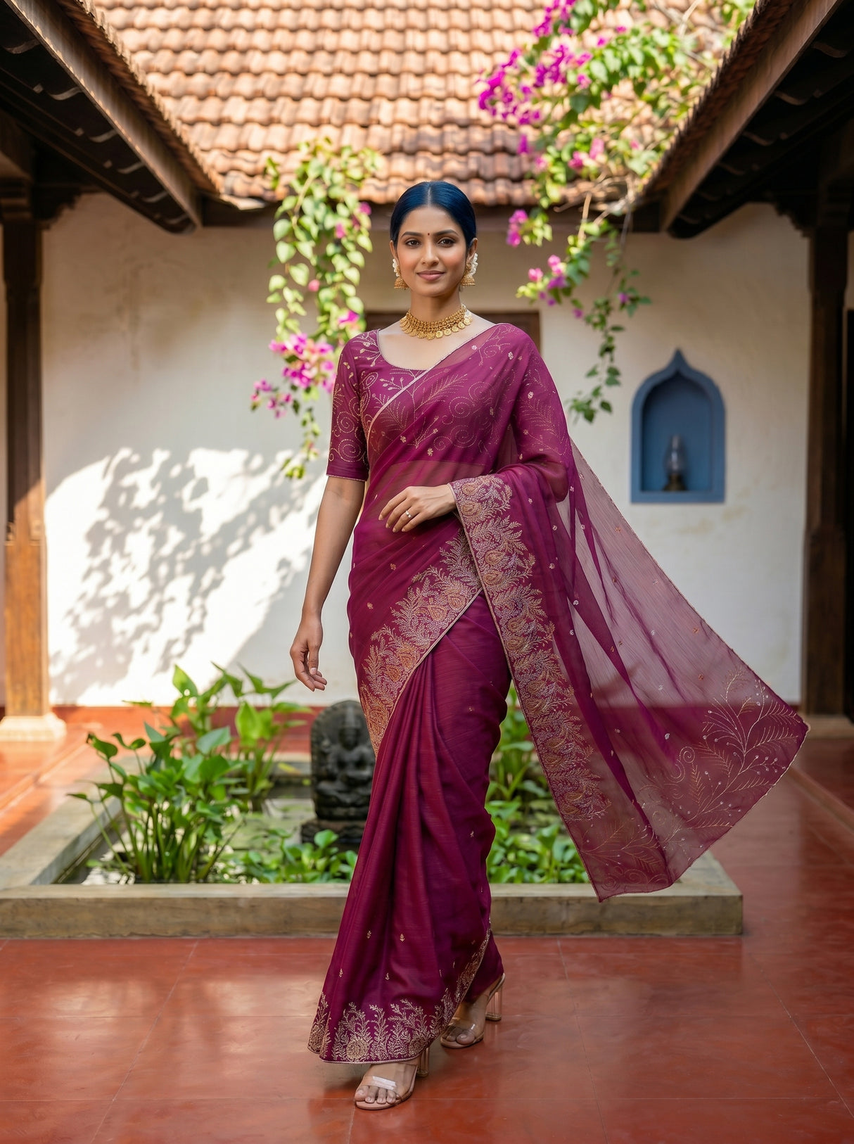 MIMOSA Wine Banarasi chiffon Saree — pose 6 styling detail