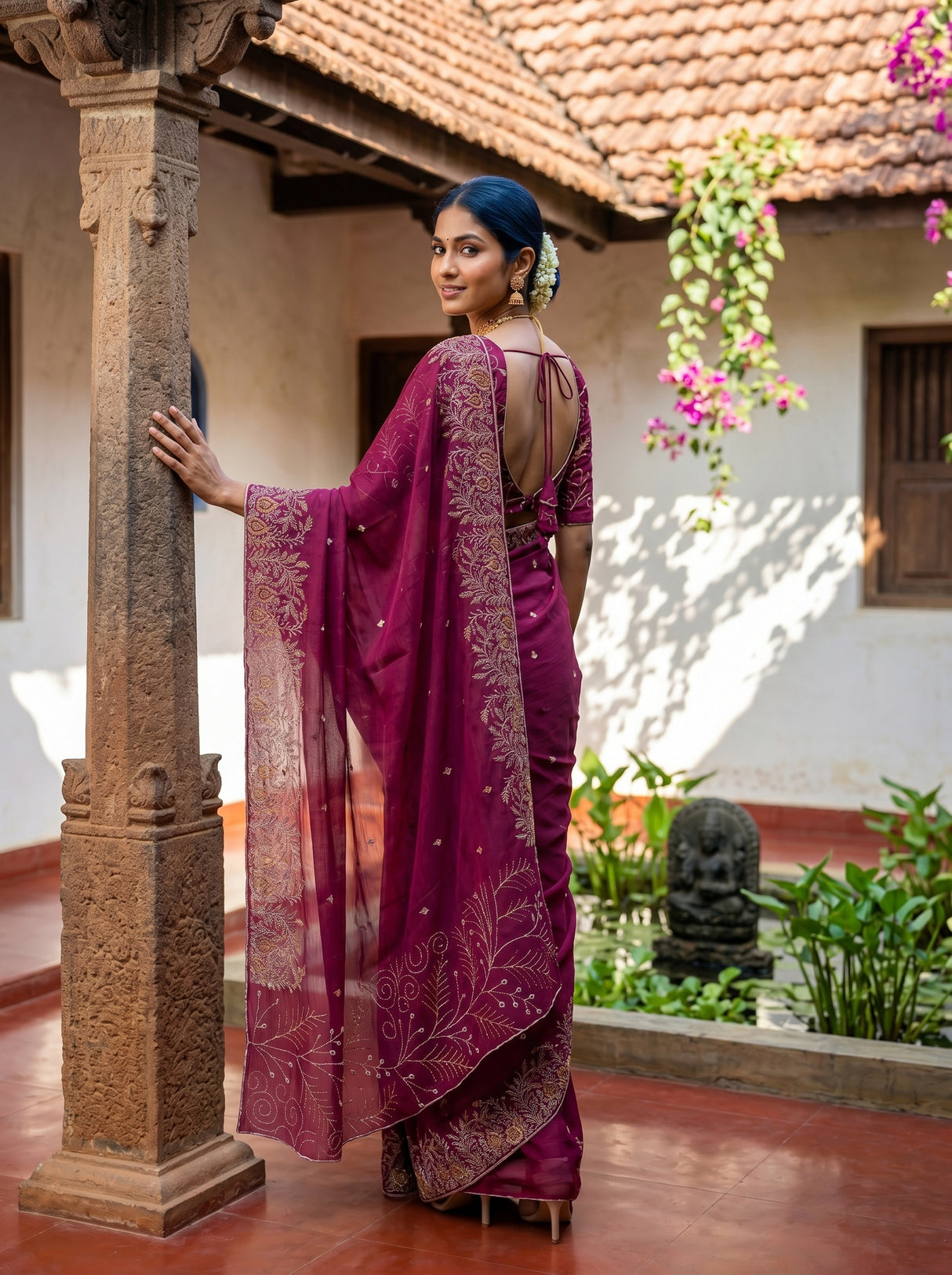 MIMOSA Wine Banarasi chiffon Saree — pose 7 styling detail