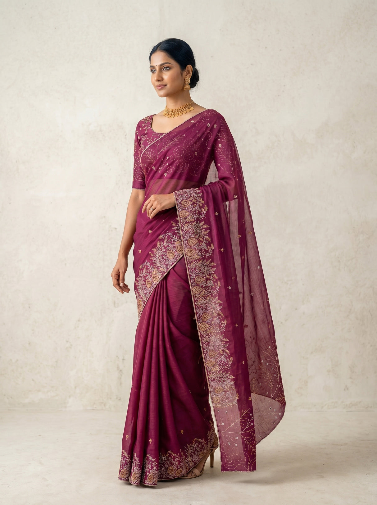 MIMOSA Wine Banarasi chiffon Saree — pose 9 styling detail