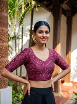 MIMOSA Wine Banarasi chiffon Saree — blouse close-up