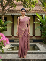 MIMOSA Peach Banarasi chiffon Saree — AI Model lifestyle pose 1