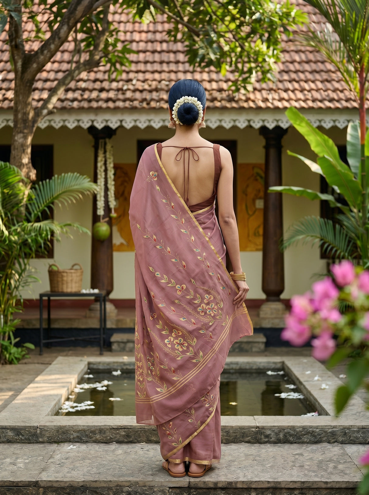 MIMOSA Peach Banarasi chiffon Saree — pose 2 styling detail
