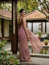 MIMOSA Peach Banarasi chiffon Saree — pose 5 styling detail