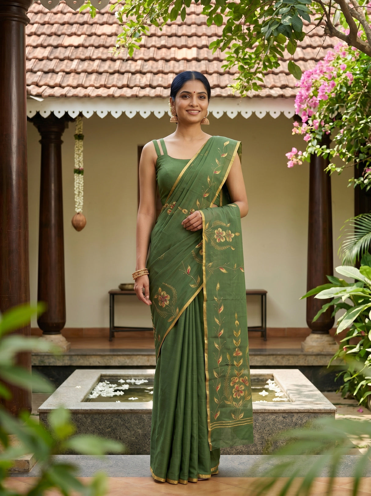 MIMOSA Pista Banarasi chiffon Saree — AI Model lifestyle pose 1