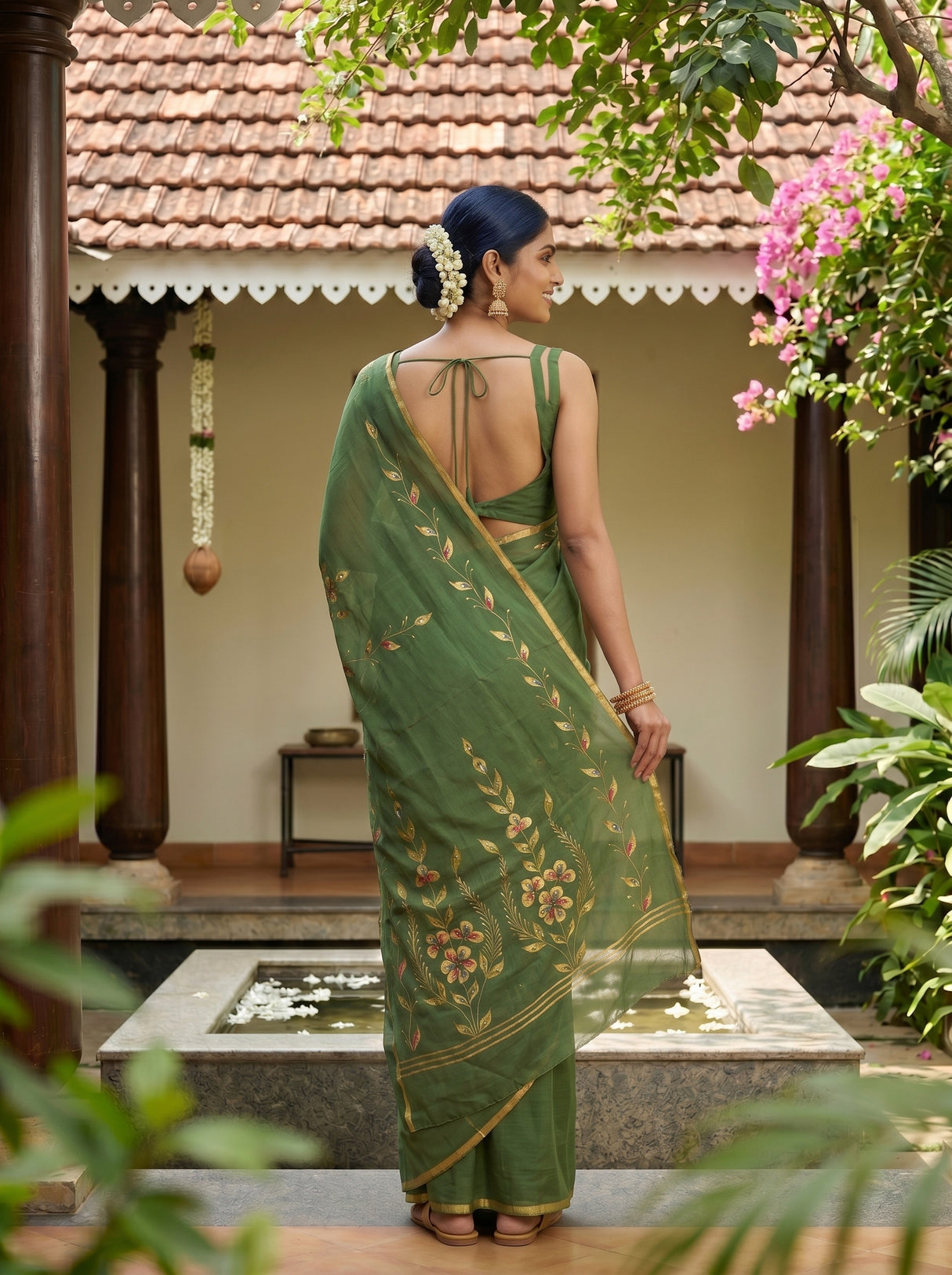 MIMOSA Pista Banarasi chiffon Saree — pose 2 styling detail