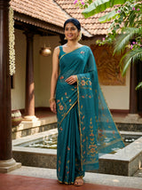 MIMOSA Sapphire Banarasi chiffon Saree — AI Model lifestyle pose 1